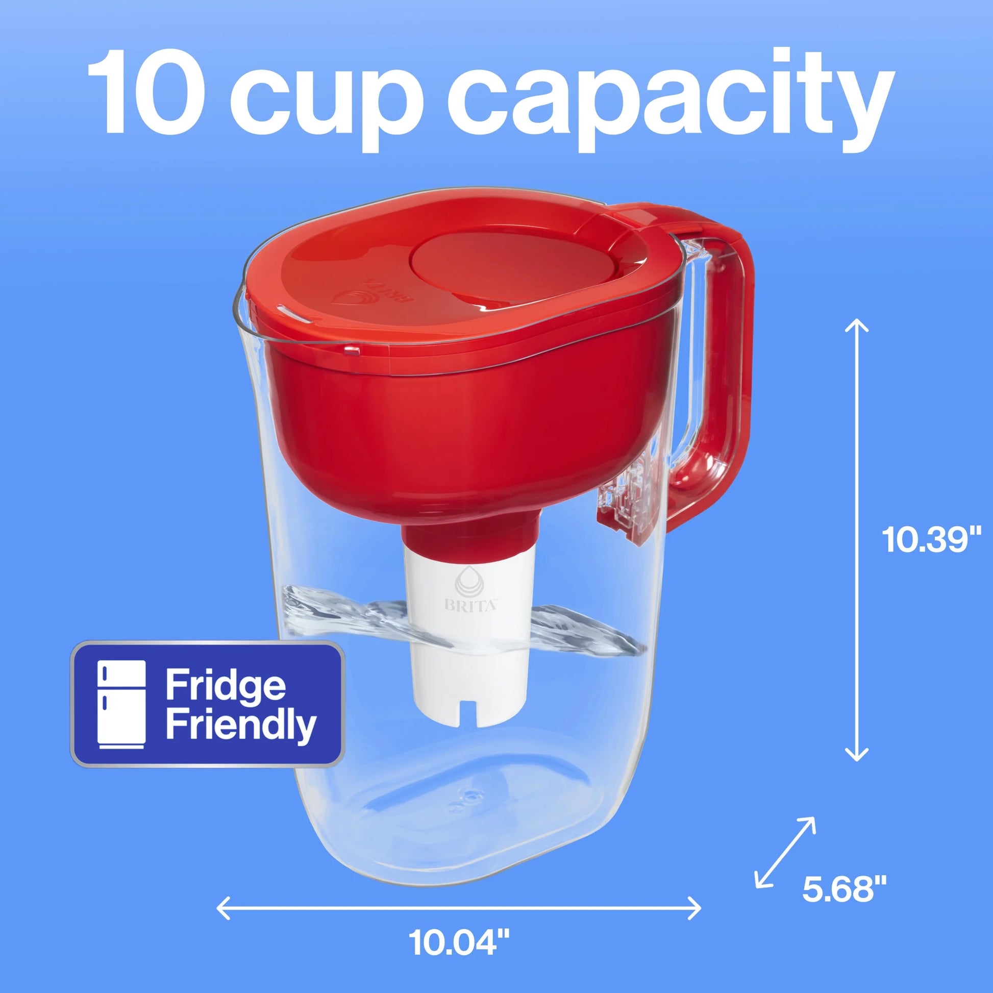 Large 10 Cup Red Huron Water Filter Pitcher with 1 Standard Filter, Made without BPA