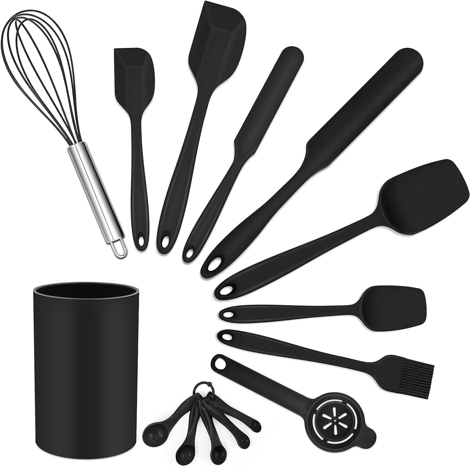 Silicone Spatula, 15 PCS Rubber Spatula Black Silicone Spatulas Heat Resistant for Non Stick Cookware, Baking Spatula Set with Holder & Measuring Spoons & Egg Separator, Healthy & Easy Clean