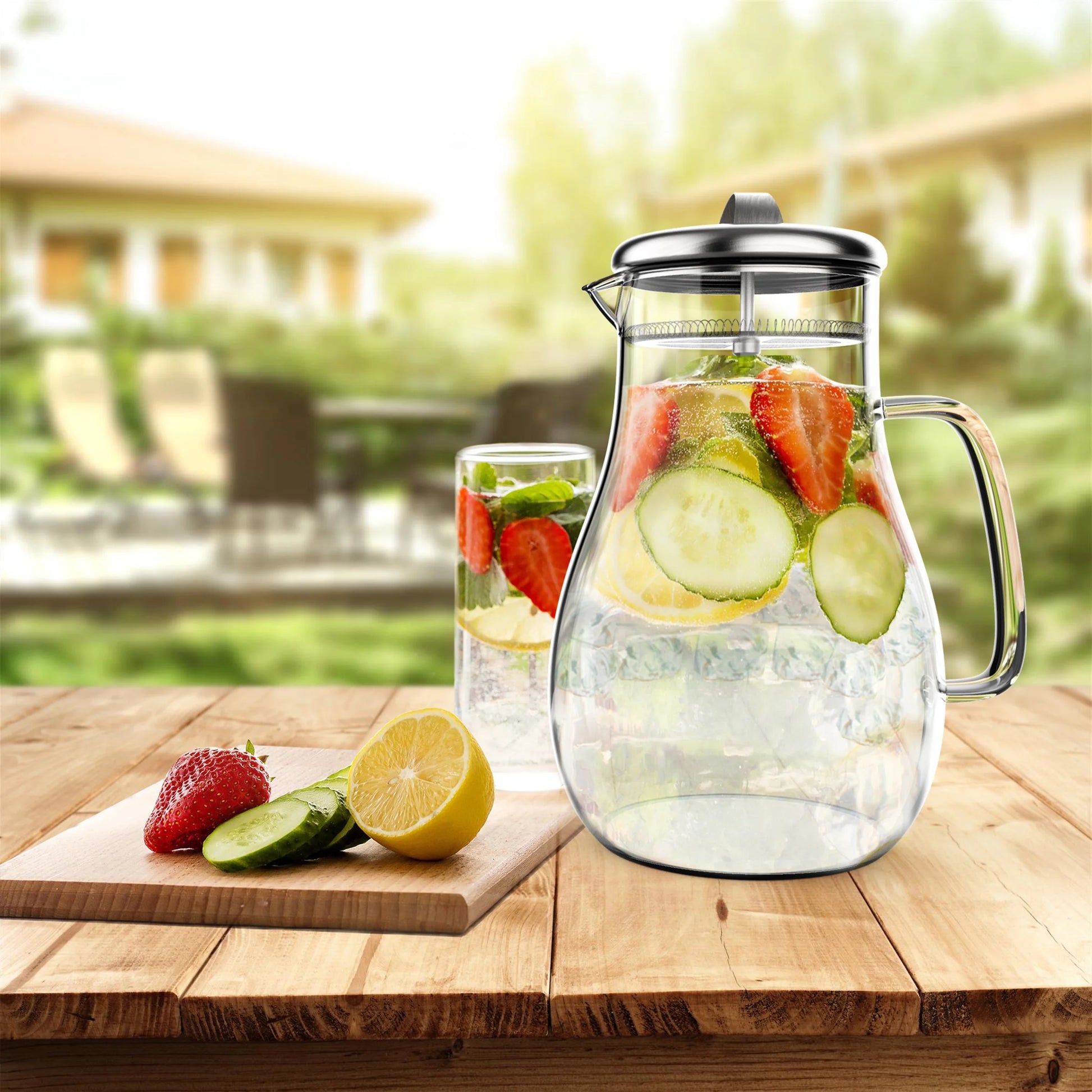 64Oz Hot, Cold Glass Pitcher Carafe with Stainless Steel Filter Lid by