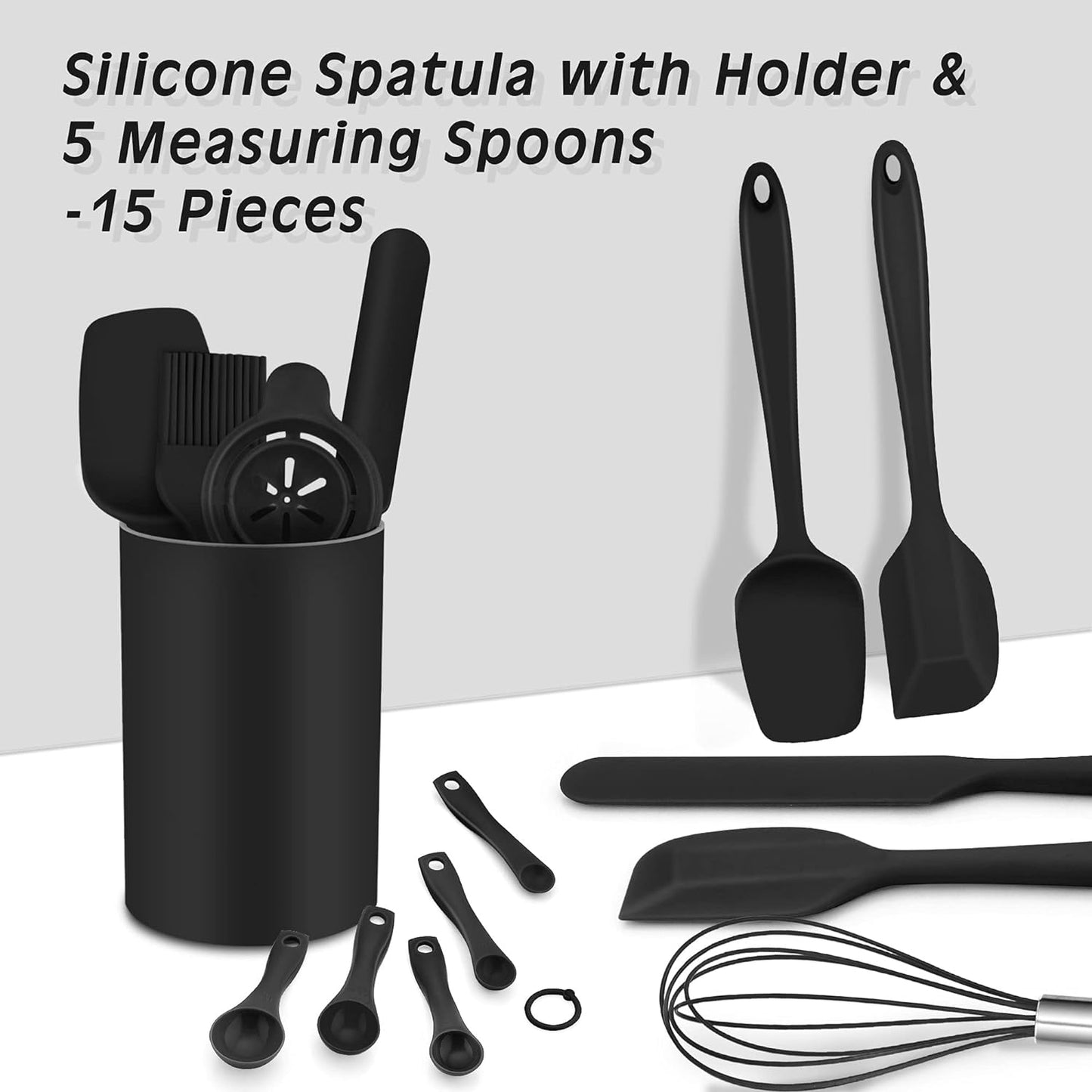 Silicone Spatula, 15 PCS Rubber Spatula Black Silicone Spatulas Heat Resistant for Non Stick Cookware, Baking Spatula Set with Holder & Measuring Spoons & Egg Separator, Healthy & Easy Clean