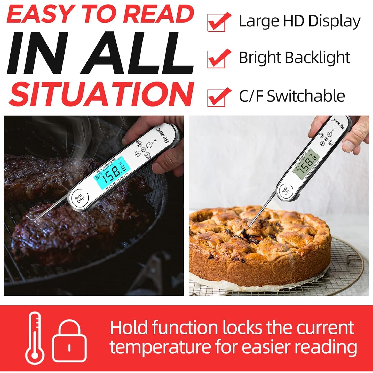 Digital Cooking Thermometer, Accurate & Waterproof Instant Read Meat Thermometer with Backlit, Calibration, Probe, Food Thermometer for Kitchen, Grilling, Candy, BBQ, Oil Fry, Baking