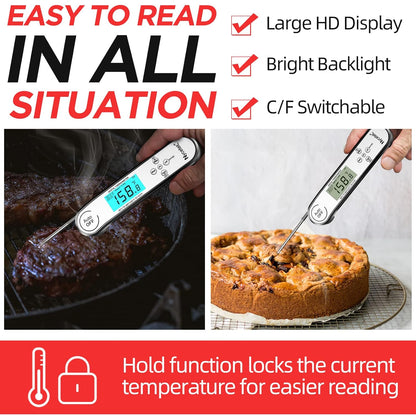 Digital Cooking Thermometer, Accurate & Waterproof Instant Read Meat Thermometer with Backlit, Calibration, Probe, Food Thermometer for Kitchen, Grilling, Candy, BBQ, Oil Fry, Baking