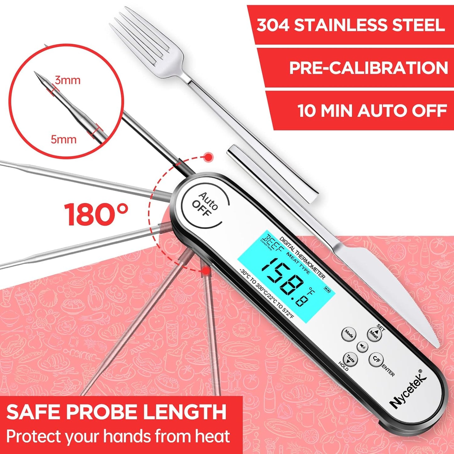 Digital Cooking Thermometer, Accurate & Waterproof Instant Read Meat Thermometer with Backlit, Calibration, Probe, Food Thermometer for Kitchen, Grilling, Candy, BBQ, Oil Fry, Baking