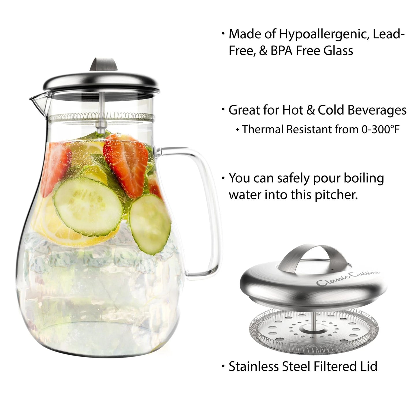 64Oz Hot, Cold Glass Pitcher Carafe with Stainless Steel Filter Lid by