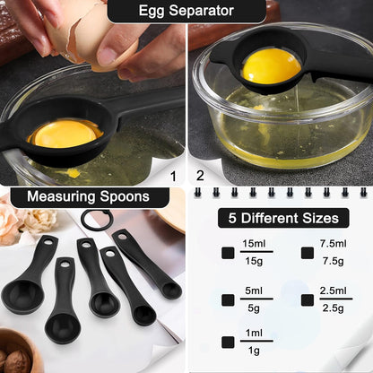 Silicone Spatula, 15 PCS Rubber Spatula Black Silicone Spatulas Heat Resistant for Non Stick Cookware, Baking Spatula Set with Holder & Measuring Spoons & Egg Separator, Healthy & Easy Clean