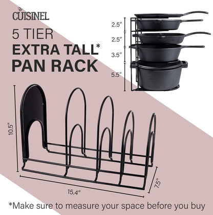 Heavy Duty Pots and Pans Organizer - Extra Large 5-Tier Rack - Holds Cast Iron Skillets, Dutch Oven - Durable Construction - Space Saving Kitchen Storage - No Assembly Required - Black 15.4"