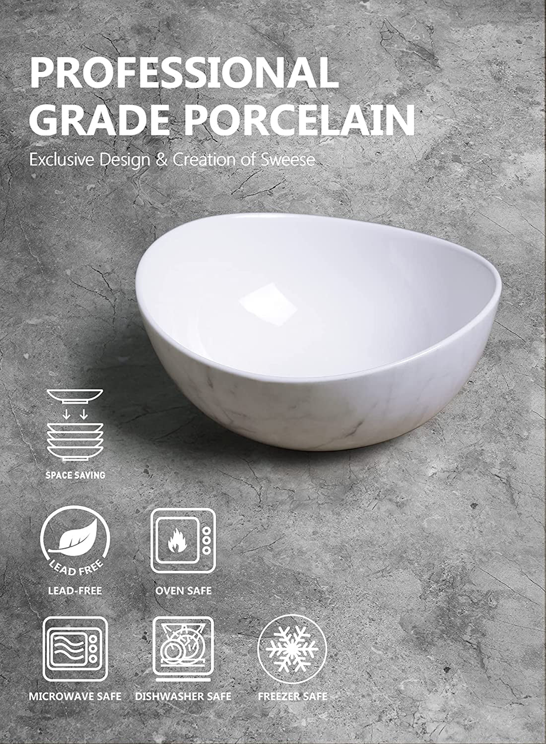 102.499 Porcelain Bowls - 18 Ounce for Cereal, Salad, Dessert - Set of 4, Marble Pattern