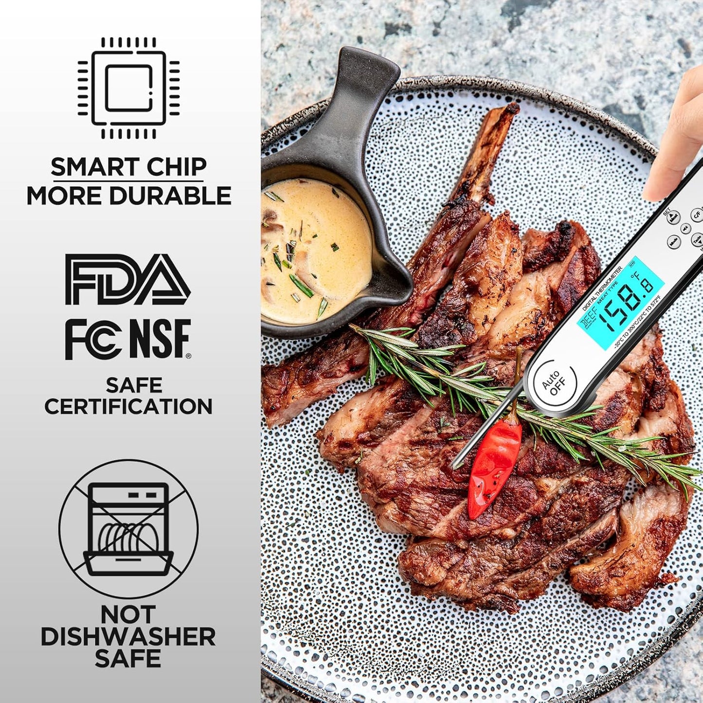 Digital Cooking Thermometer, Accurate & Waterproof Instant Read Meat Thermometer with Backlit, Calibration, Probe, Food Thermometer for Kitchen, Grilling, Candy, BBQ, Oil Fry, Baking