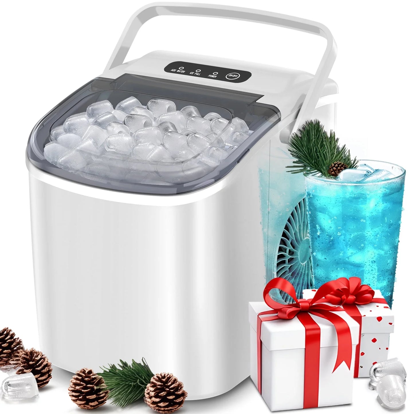 26 Lbs/24H Countertop Ice Maker Machine, 9 Bullet-Shaped Ice in 6 Min, Auto-Cleaning, White